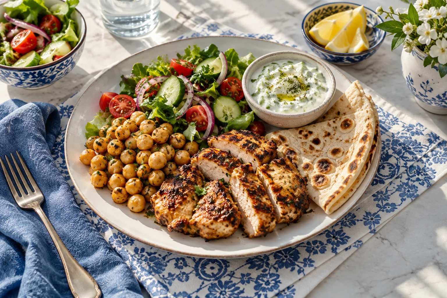 A colourful home-style lunch with vegetables, grilled chicken and flatbread